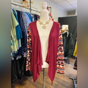 Women's Burgundy Open Front Cardigan with Patterned Sleeves